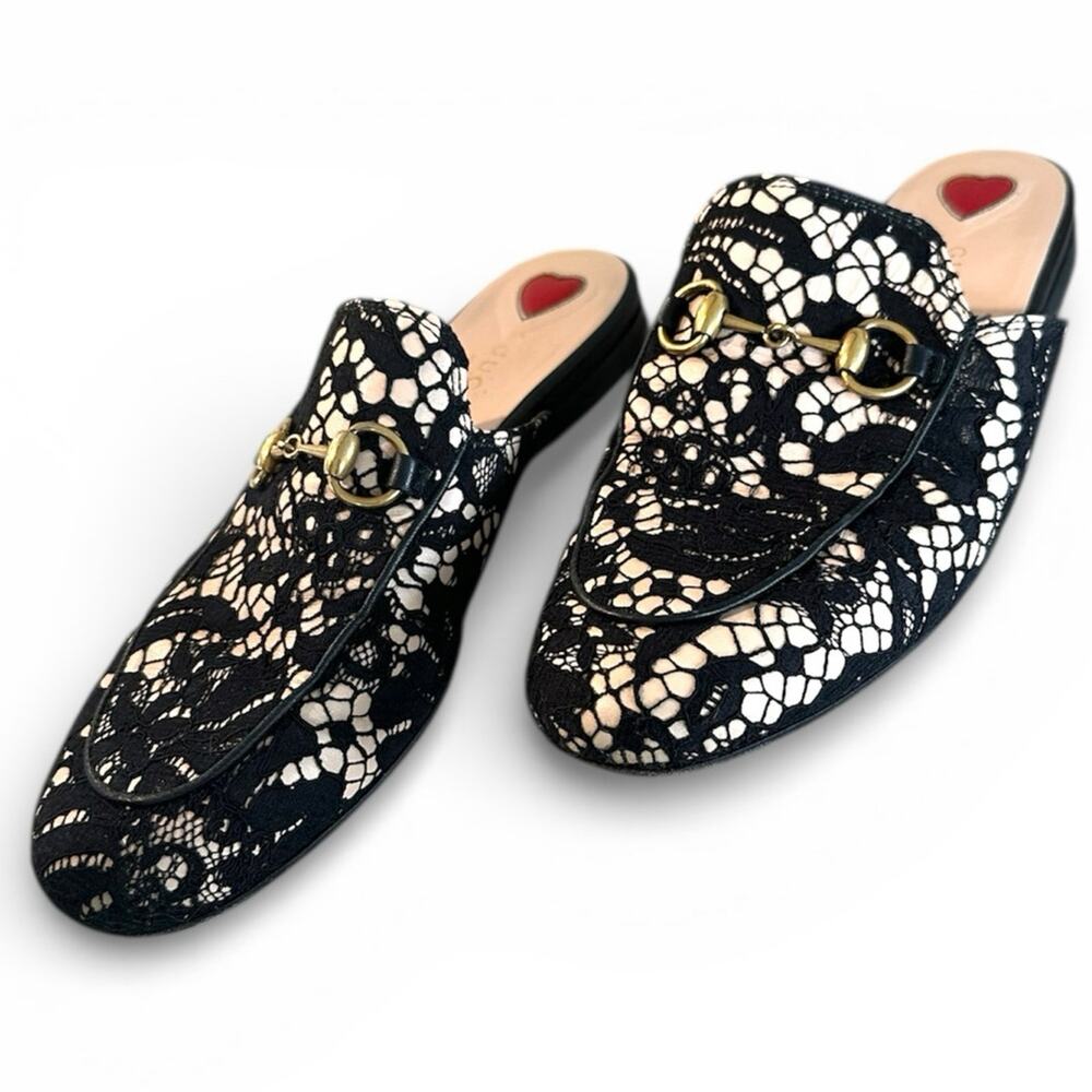 Authentic Gucci Princetown Black Nude lace horsebit slip on mules flats Size 36